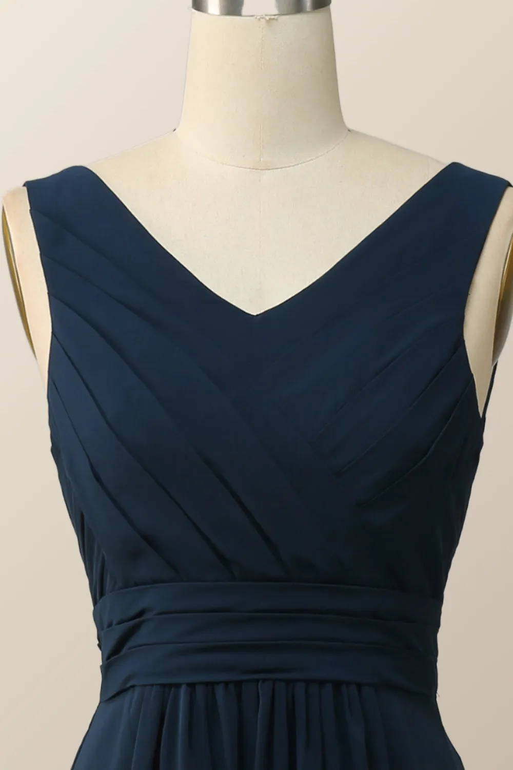 Navy Blue Pleated Chiffon A-line Long Bridesmaid Dress