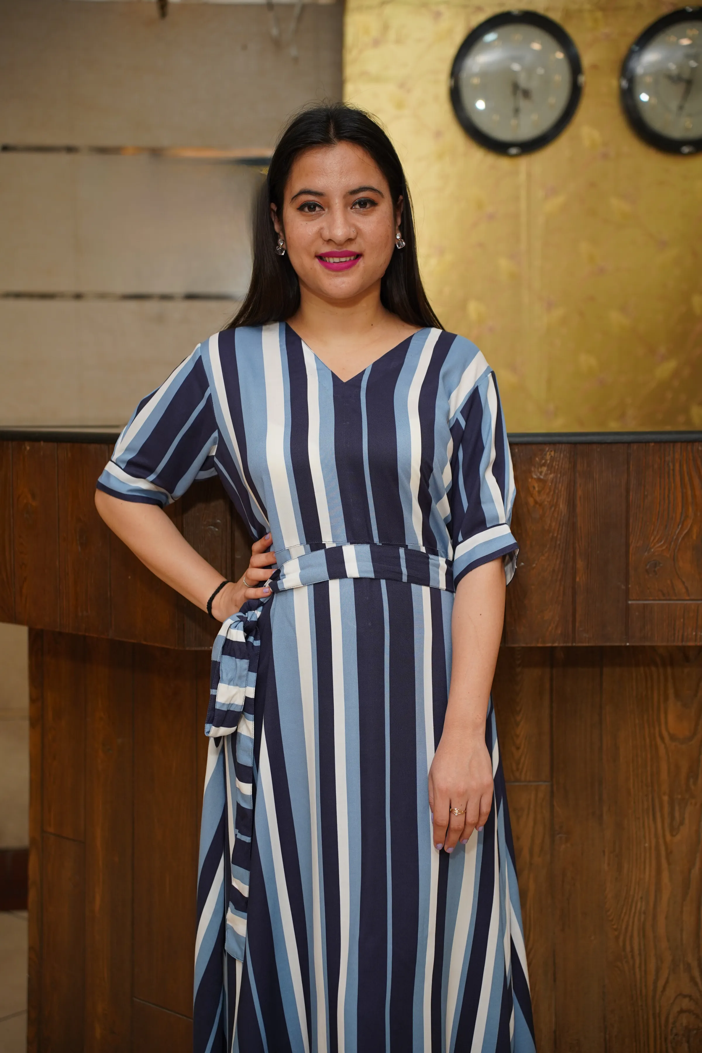 Navy Cascade Rayon Striped Dress