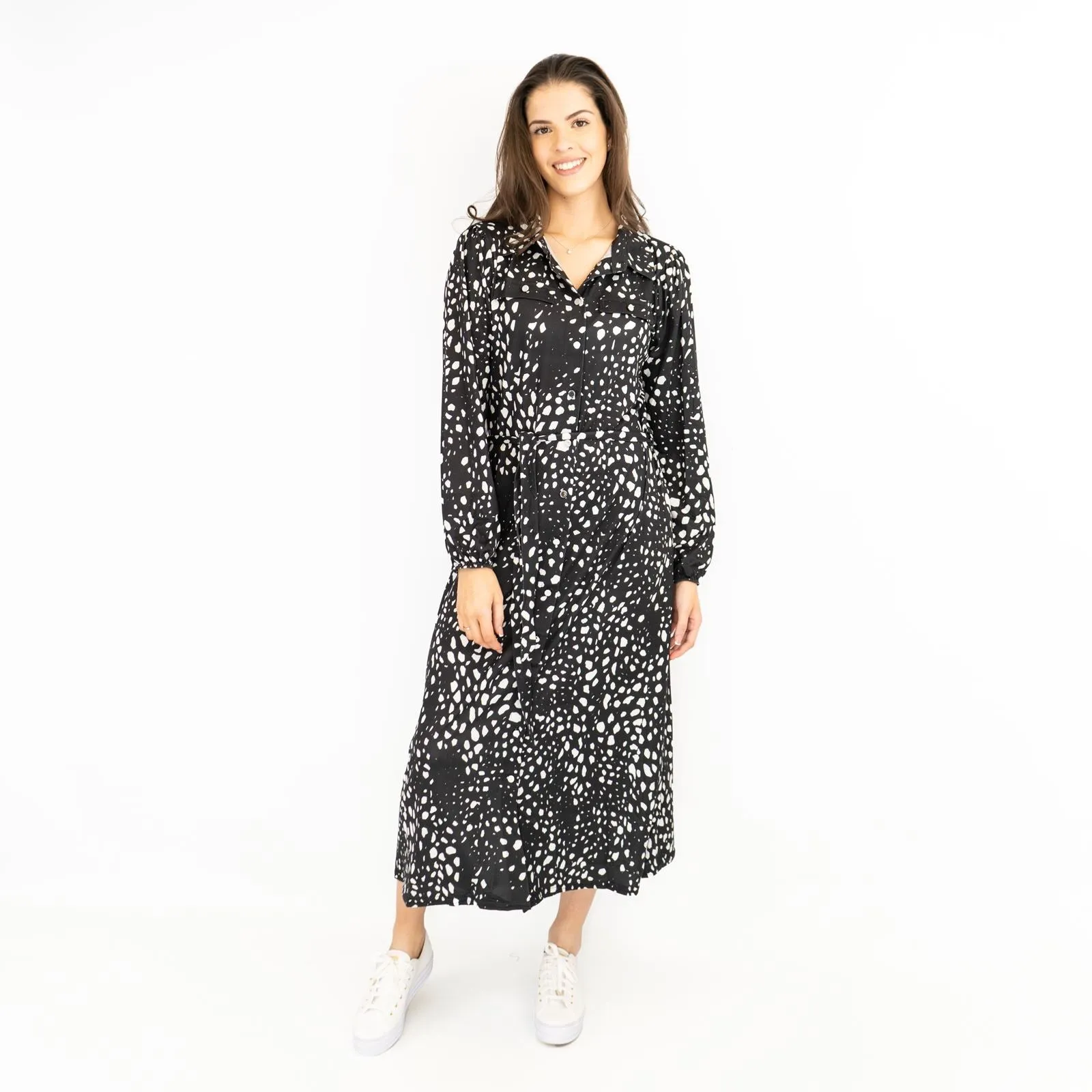 Oasis Black White Polka Dot Long Sleeve Midi Shirt Dresses