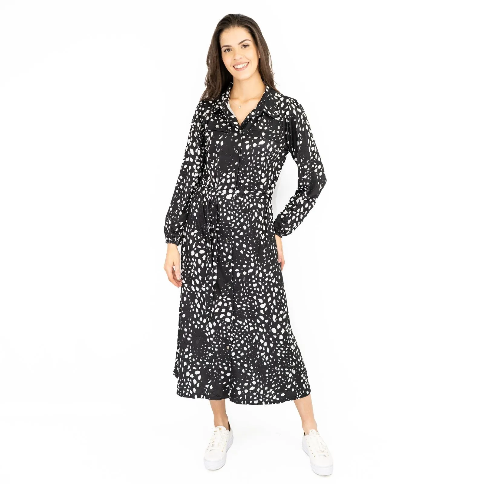 Oasis Black White Polka Dot Long Sleeve Midi Shirt Dresses