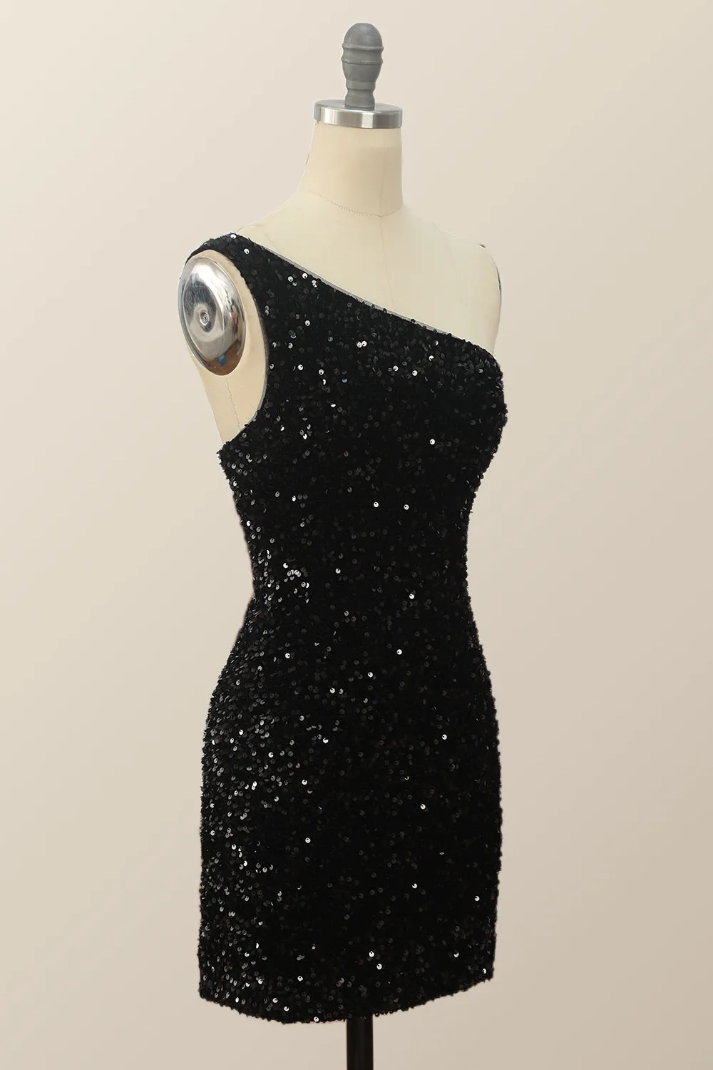 One Shoulder Black Sequin Bodycon Mini Dress