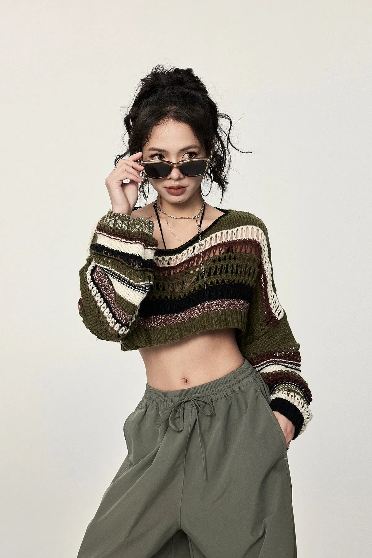 Oversized Striped Crochet Knit Sweater