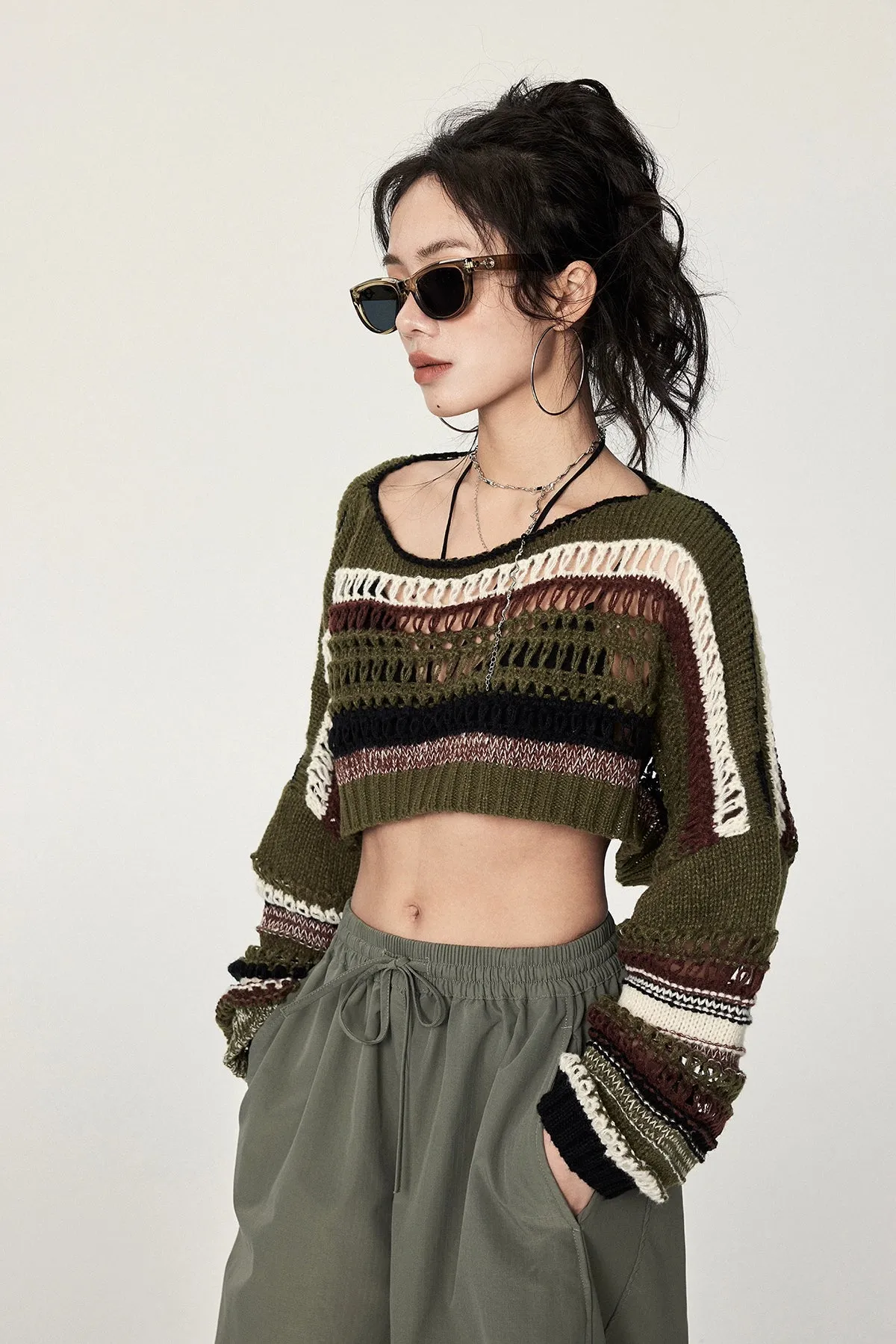 Oversized Striped Crochet Knit Sweater