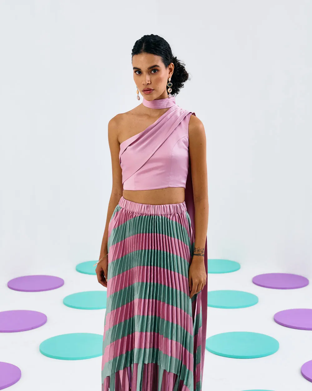 Pink Green Colorblock Pleated Skirt