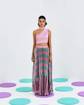 Pink Green Colorblock Pleated Skirt