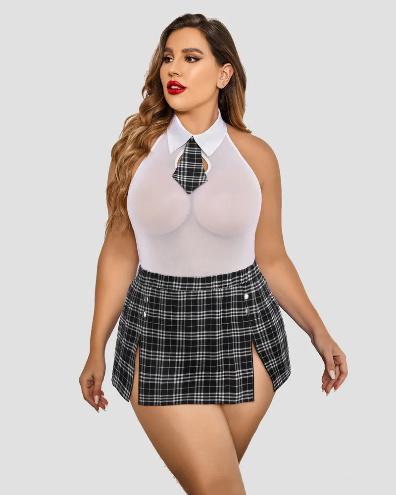 Plus Size Snap Crotch Bodysuit Plaid Skirt with Tie Halter