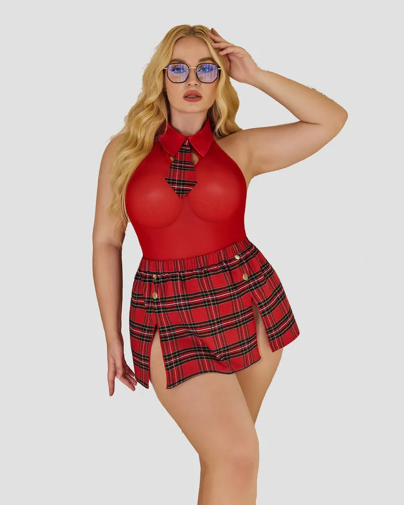 Plus Size Snap Crotch Bodysuit Plaid Skirt with Tie Halter