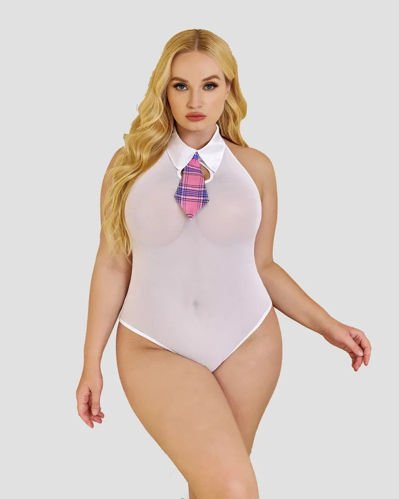 Plus Size Snap Crotch Bodysuit Plaid Skirt with Tie Halter