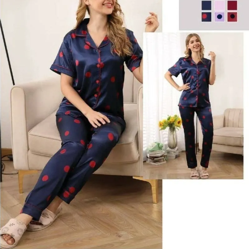 Polka Print Satin Silk Soft Pajama Set