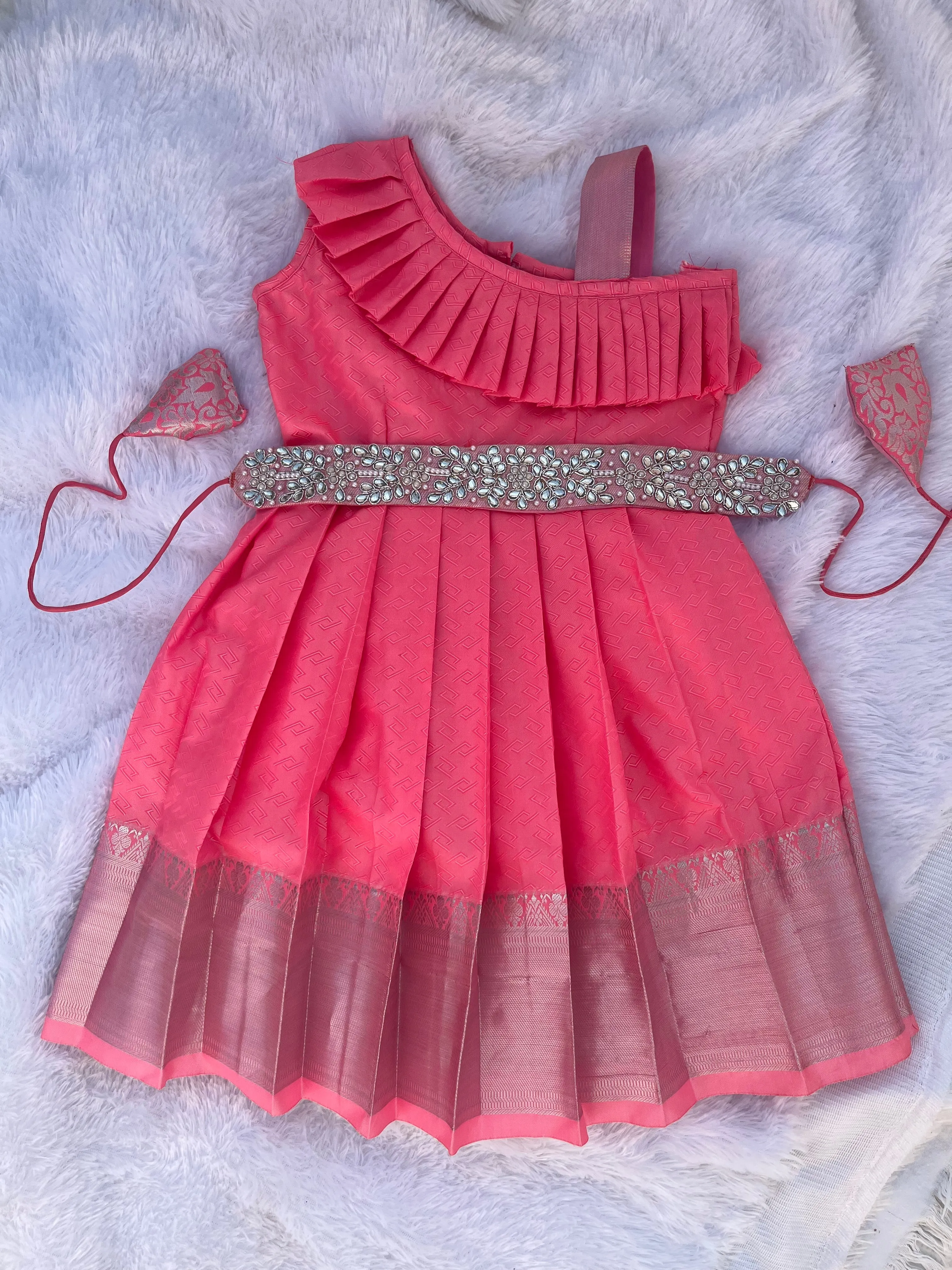 PRE ORDER : Baby Pink One Shoulder Frock with Hip Belt