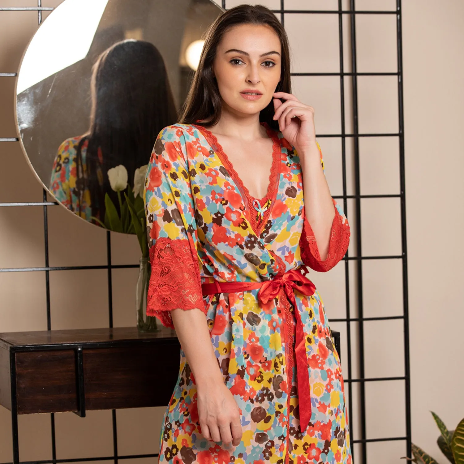 Print Chiffon Short Nightgown set