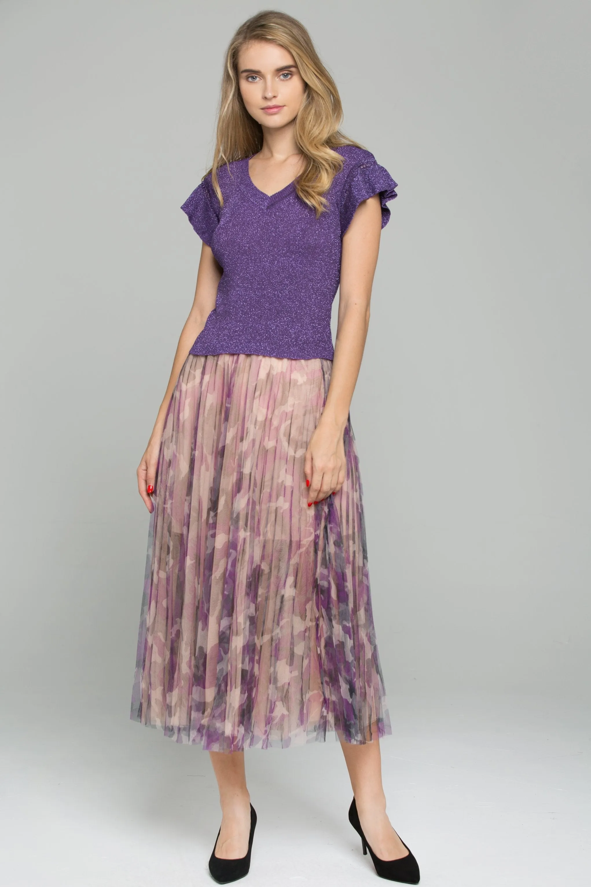 Purple Ruffled Top Chiffon Double Layer Accordion Pleats Midi Skirt Set