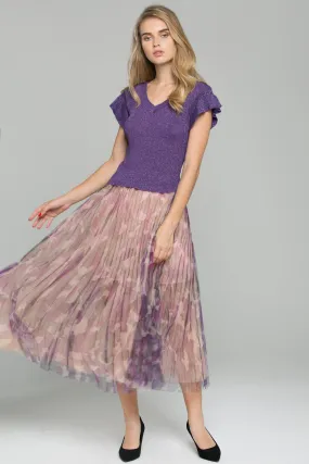 Purple Ruffled Top Chiffon Double Layer Accordion Pleats Midi Skirt Set