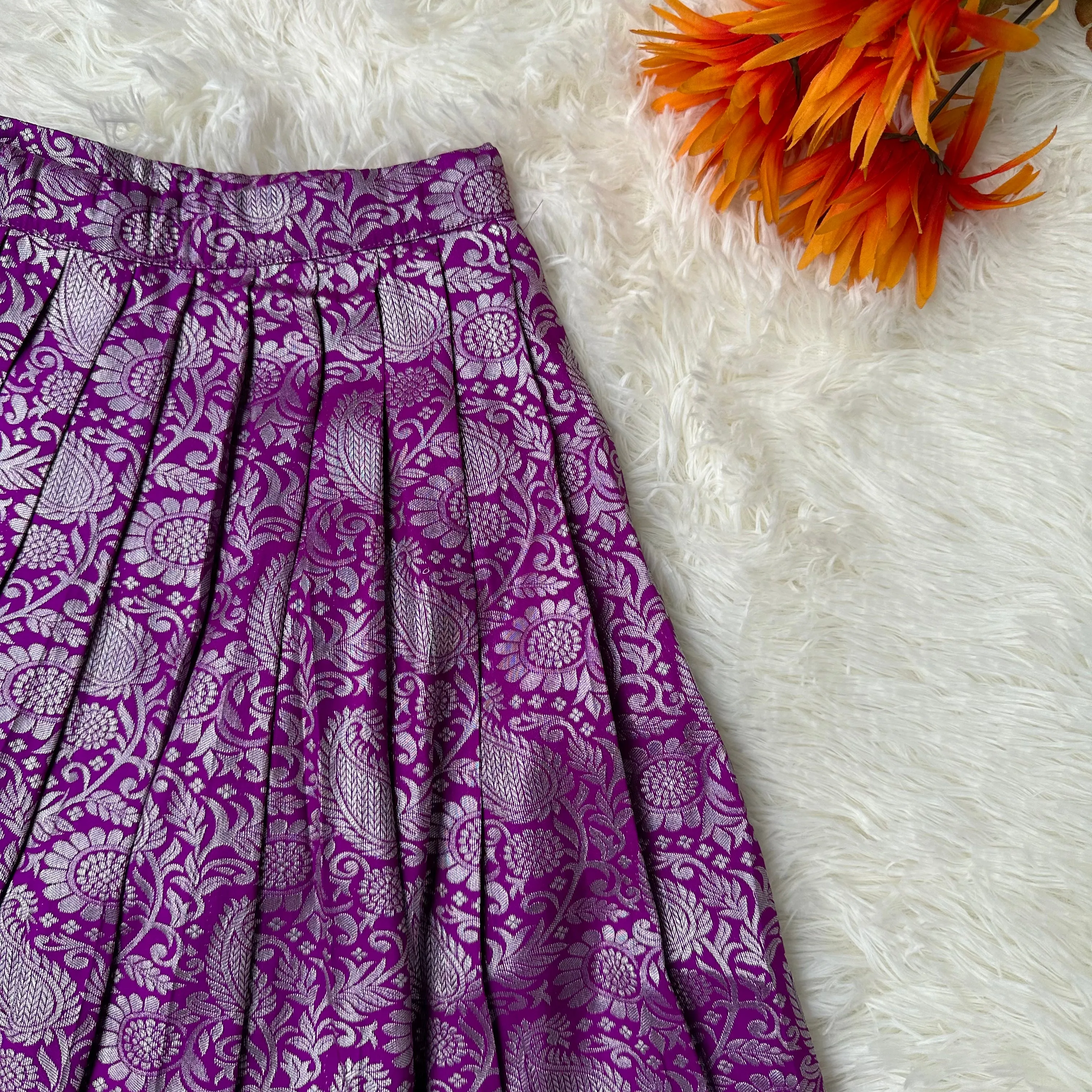 Purple Semi - Silk Skirt With Yellow Baloon Sleeve Top