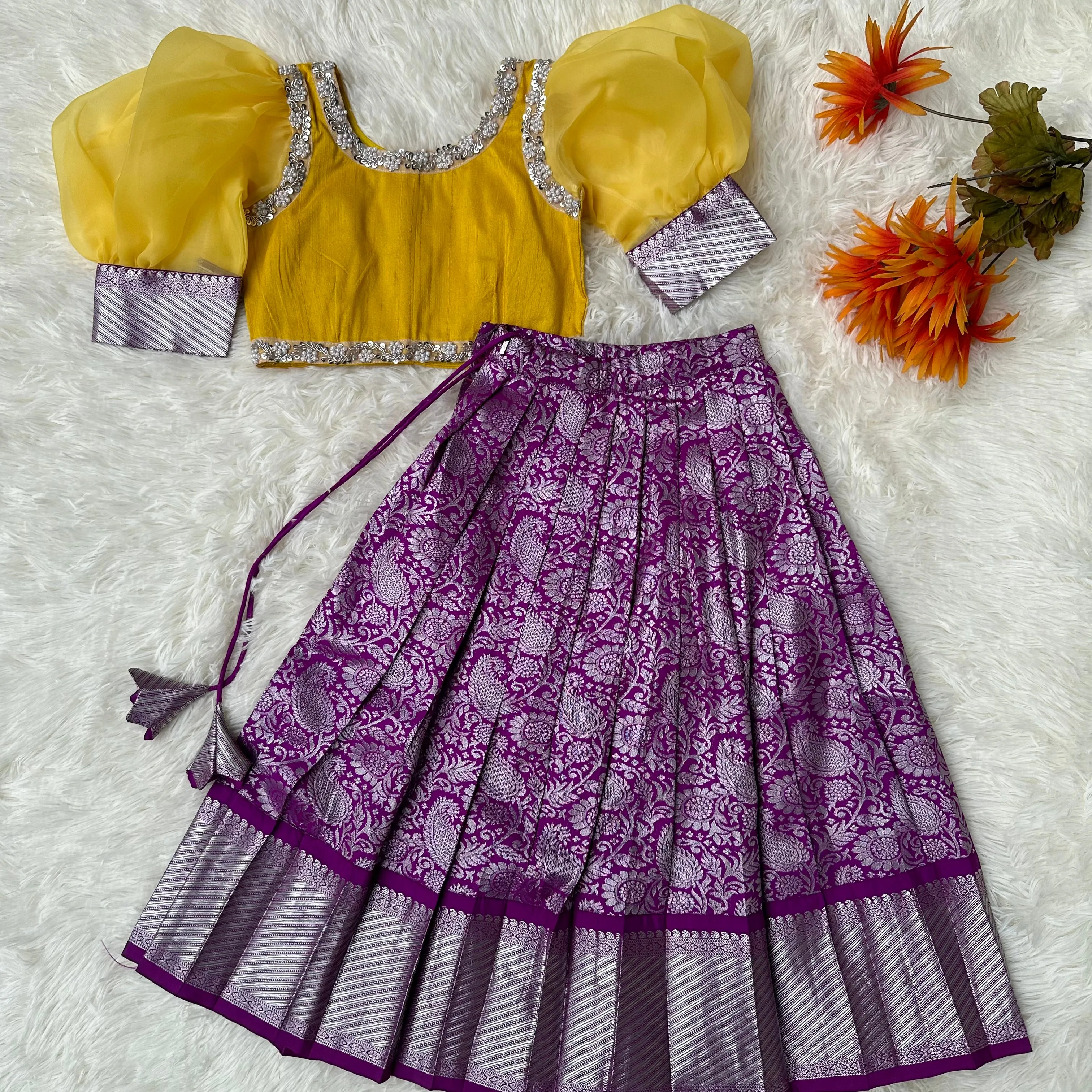 Purple Semi - Silk Skirt With Yellow Baloon Sleeve Top