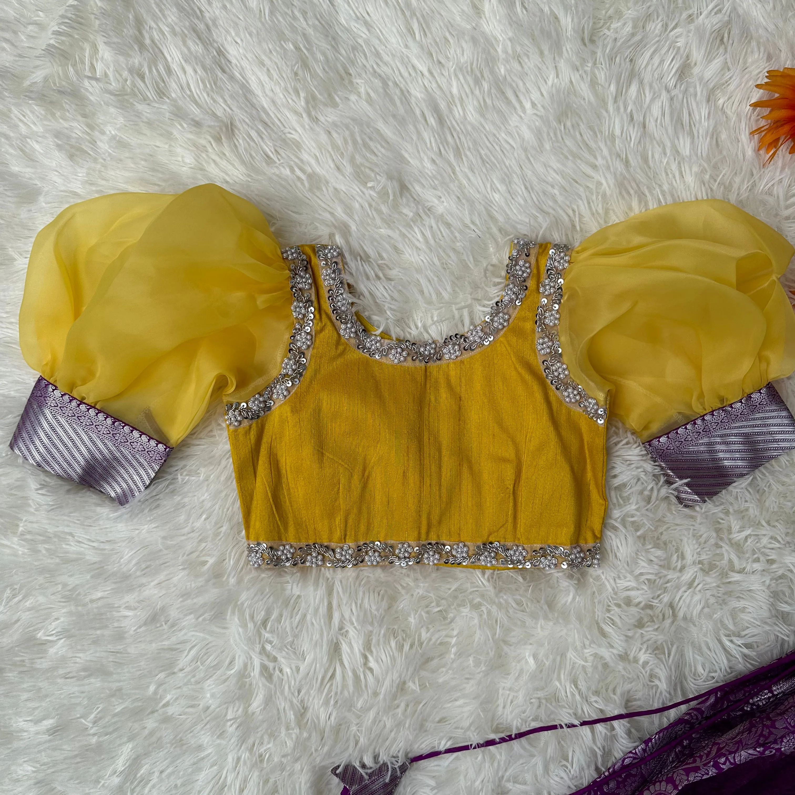 Purple Semi - Silk Skirt With Yellow Baloon Sleeve Top