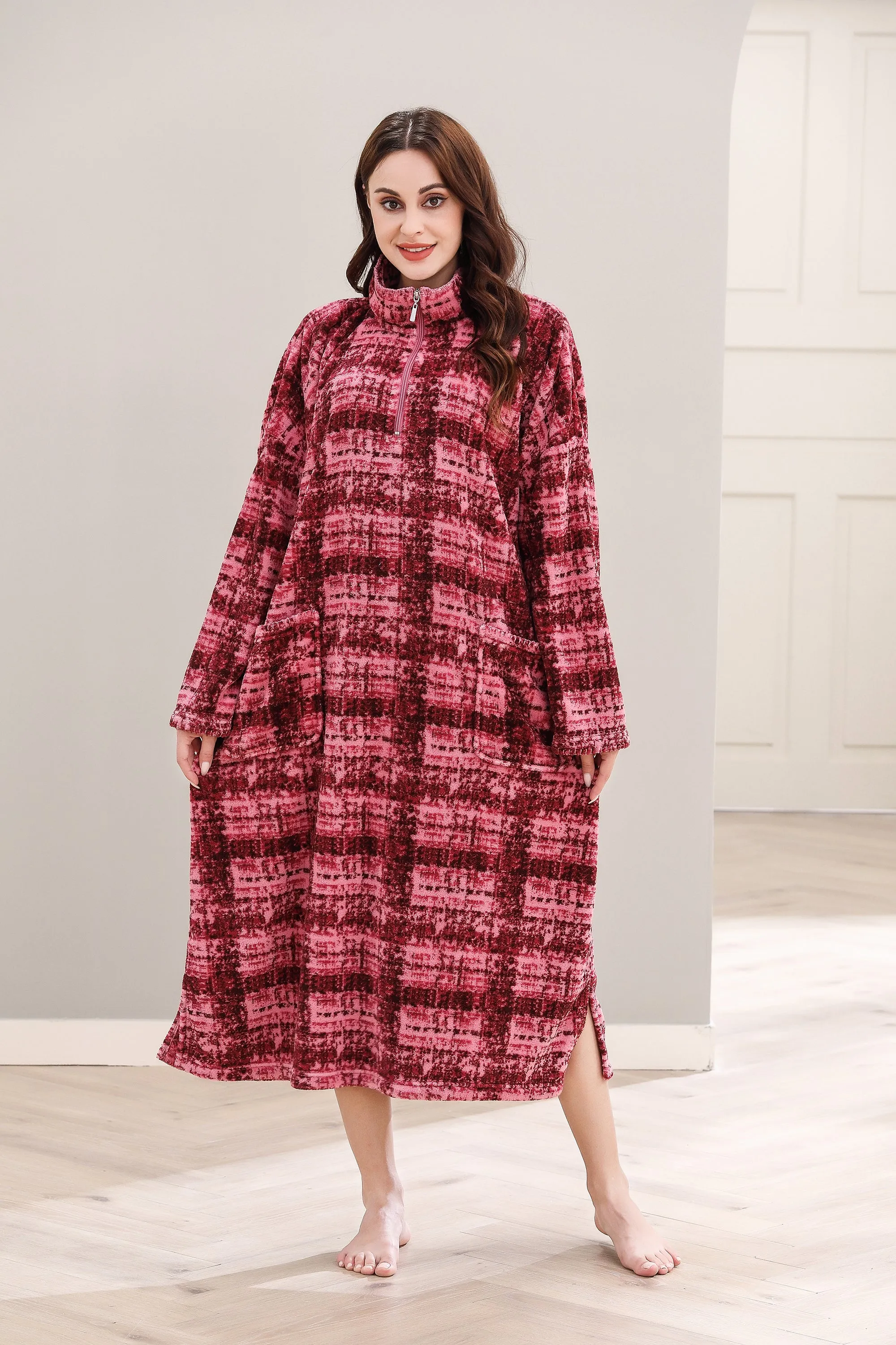 Richie House Women's Zip Front Printed Robe Long Housecoat with Pocket Nightgown S-3XL RHW4004