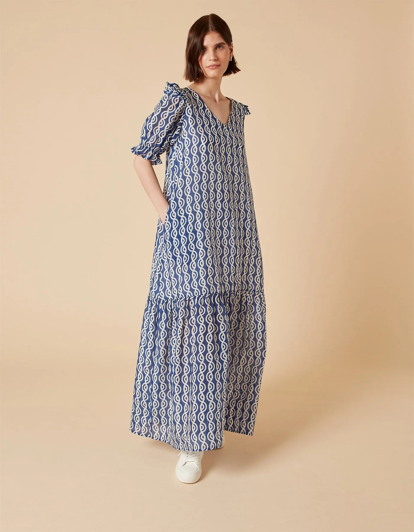 Riley Blue Twister Print Silk Voile Maxi Dress