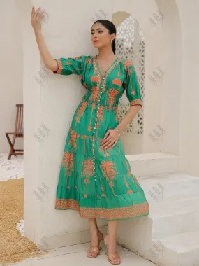 Saba Chikanakri Dress in Printed Muslin  - Green