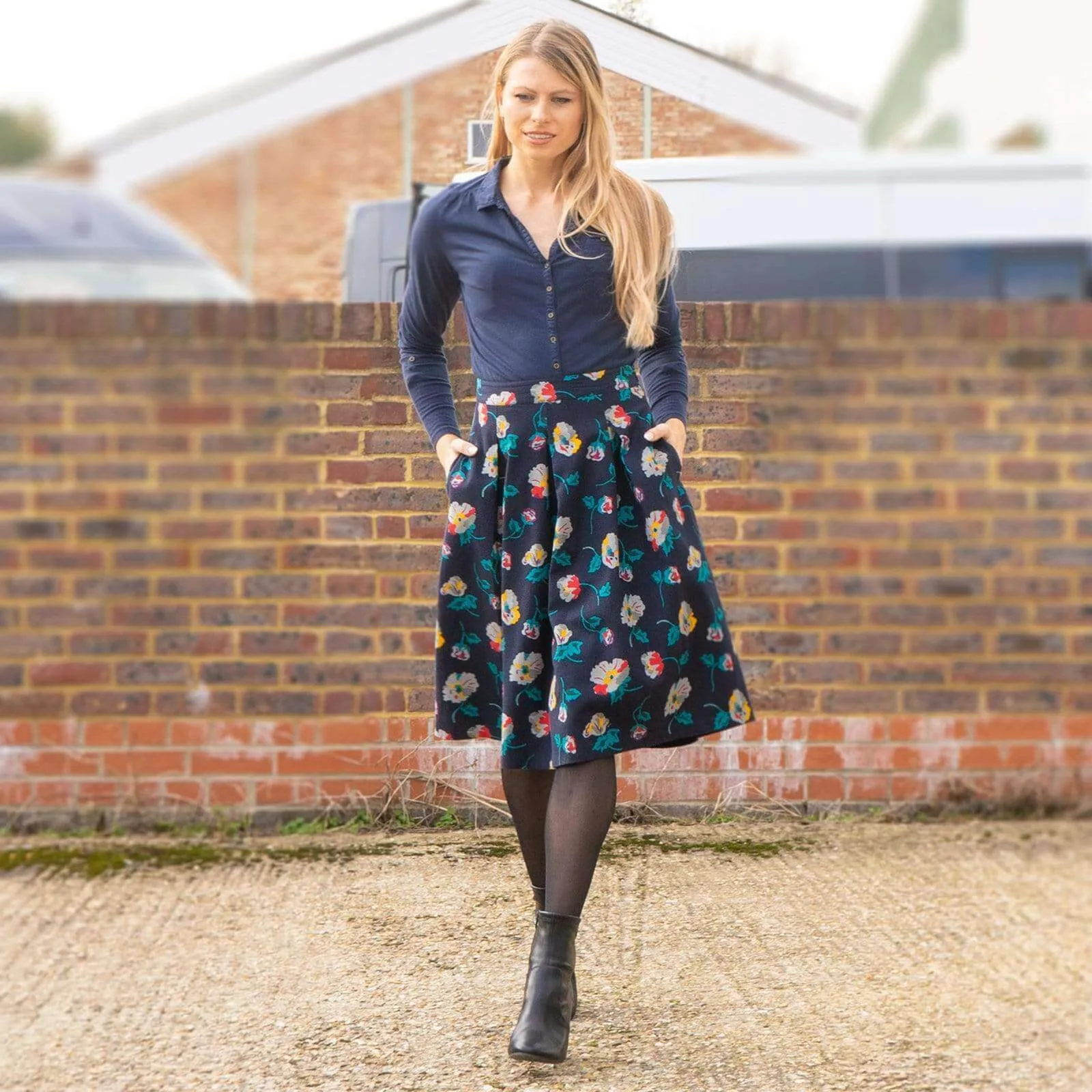 Seasalt Navy Floral Print Flare Pleats Midi Skirts with Pockets