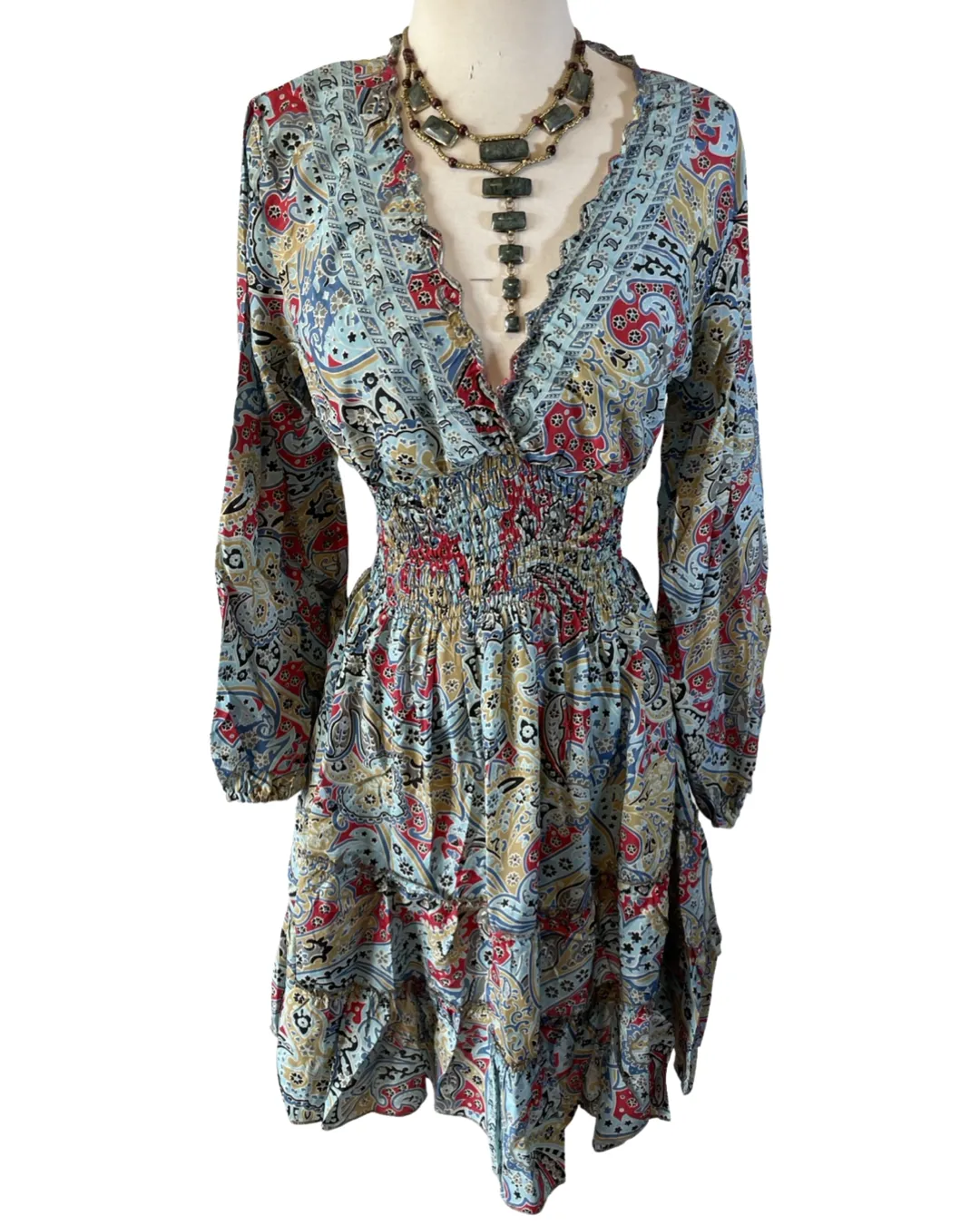 Short boho silk tiered dress w/ balloon sleeves (blue- tan)