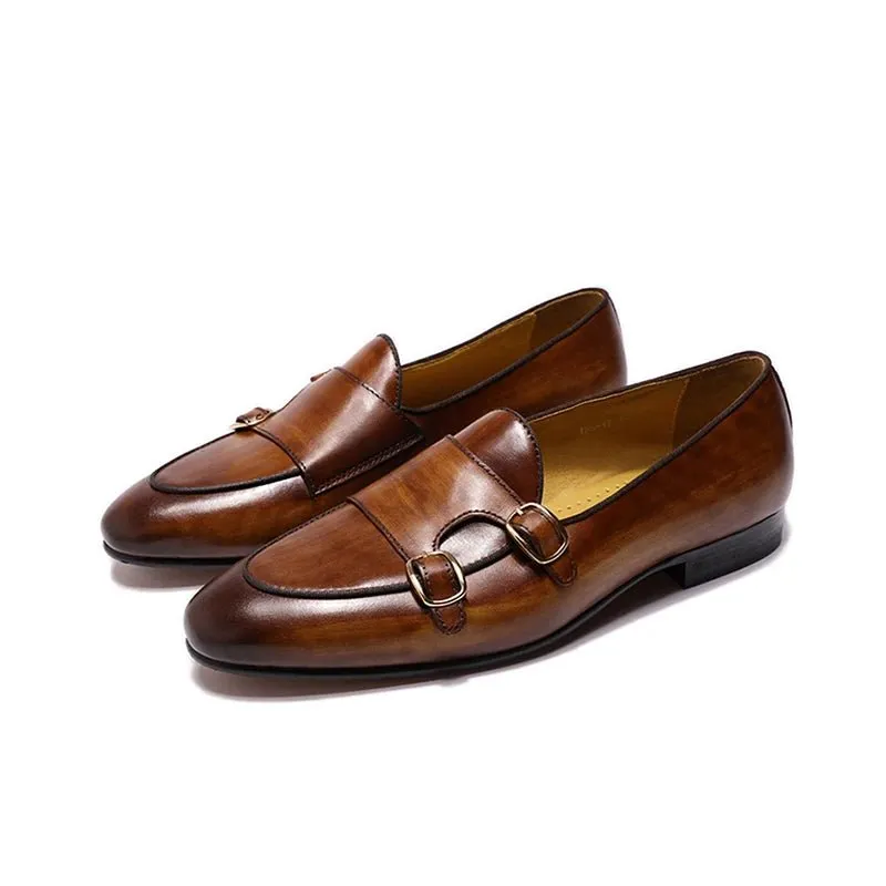 Special design stylish double monk strap slip on genuine leather men dress shoes