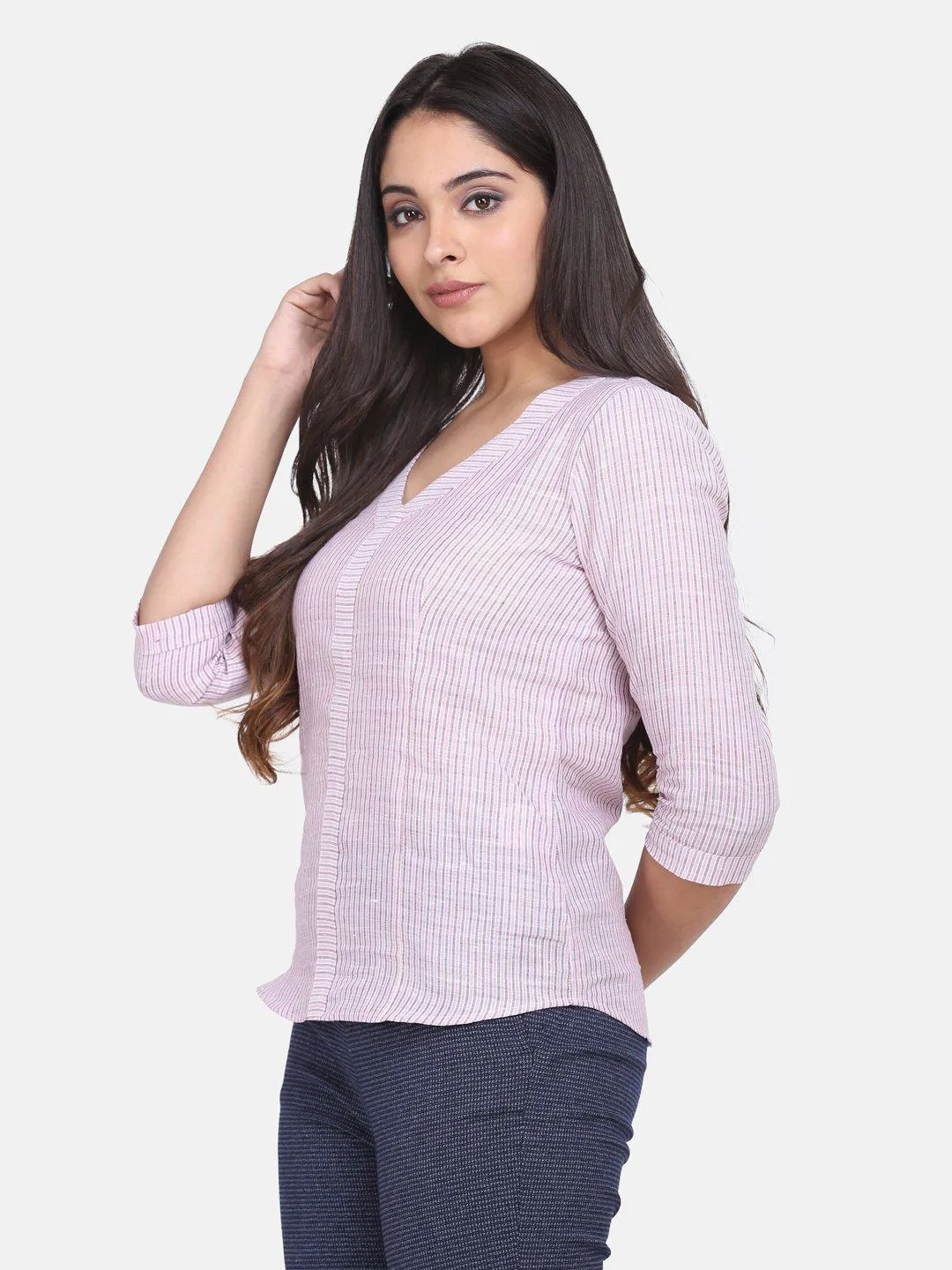 Striped Cotton Linen Top - Pink