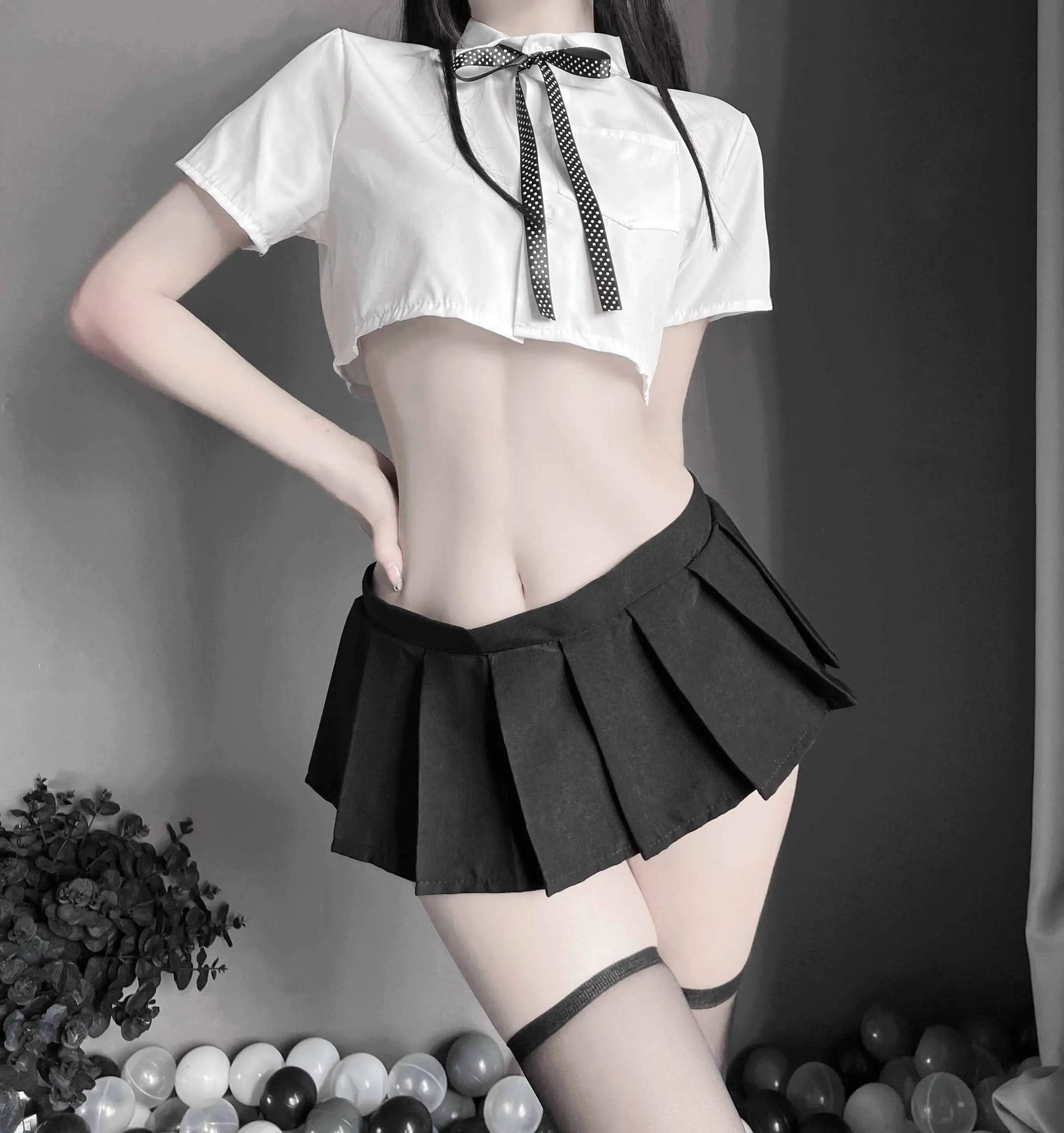 T-2377 Sexy sheer student white shirt collar rope bow uniform