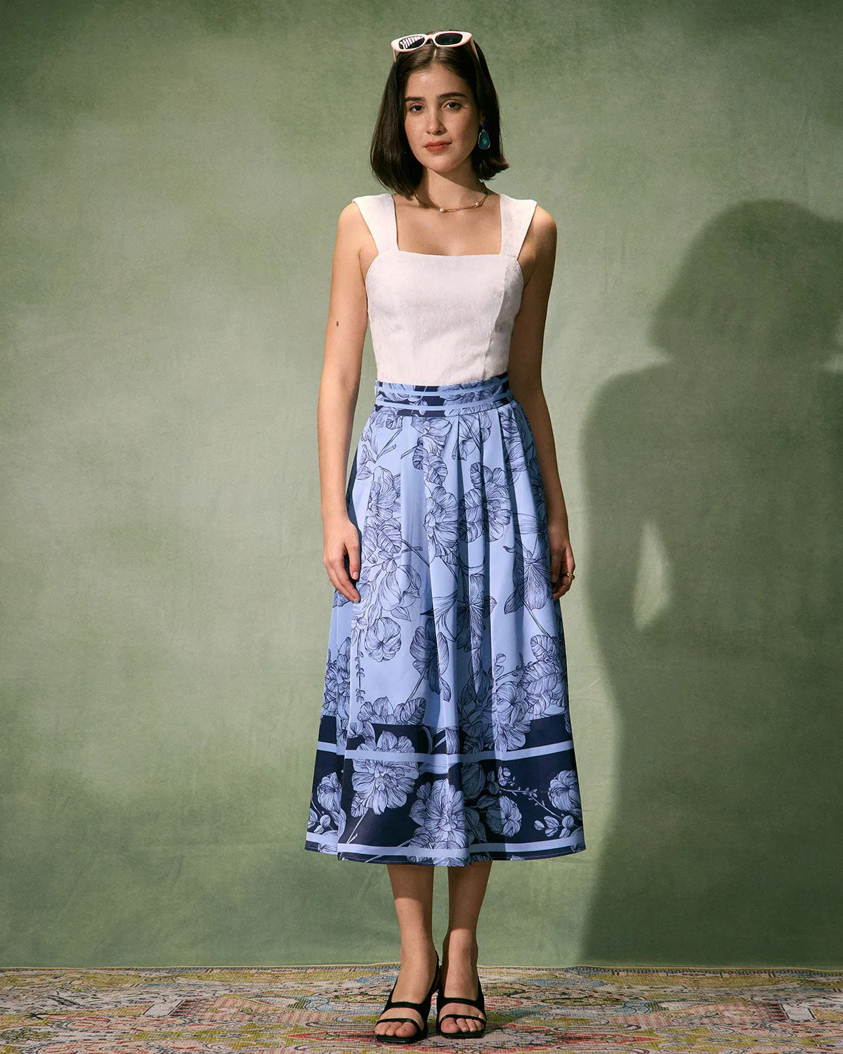 The Blue High-Waisted Pleated Floral Midi Skirt