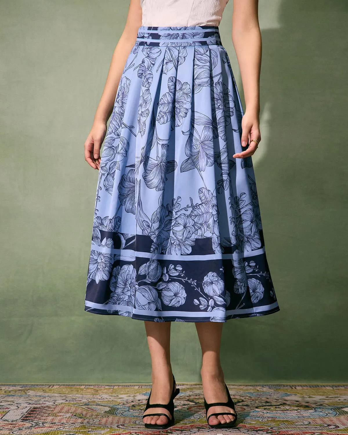 The Blue High-Waisted Pleated Floral Midi Skirt