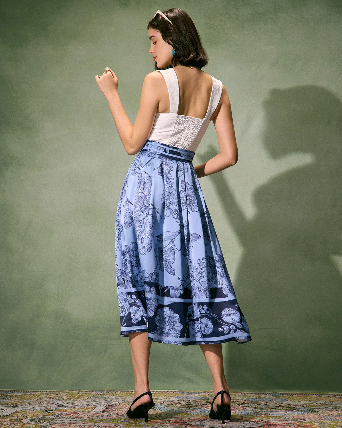 The Blue High-Waisted Pleated Floral Midi Skirt