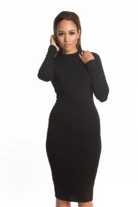 THE MYSTYLEMODE BLACK DOUBLE LINED LONG SLEEVE FUNNEL NECK MIDI DRESS