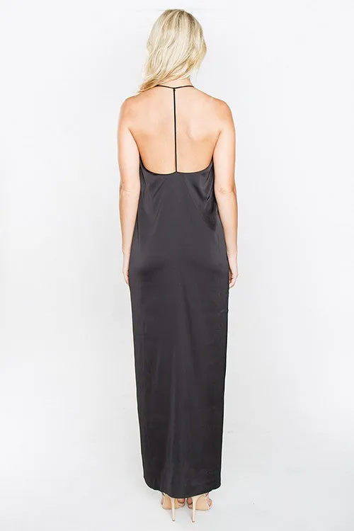 THE MYSTYLEMODE BLACK SATIN MAXI SLIP DRESS