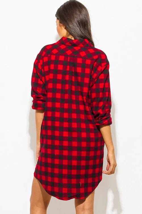 THE MYSTYLEMODE RED AND BLACK POCKETED FLANNEL TUNIC DRESS