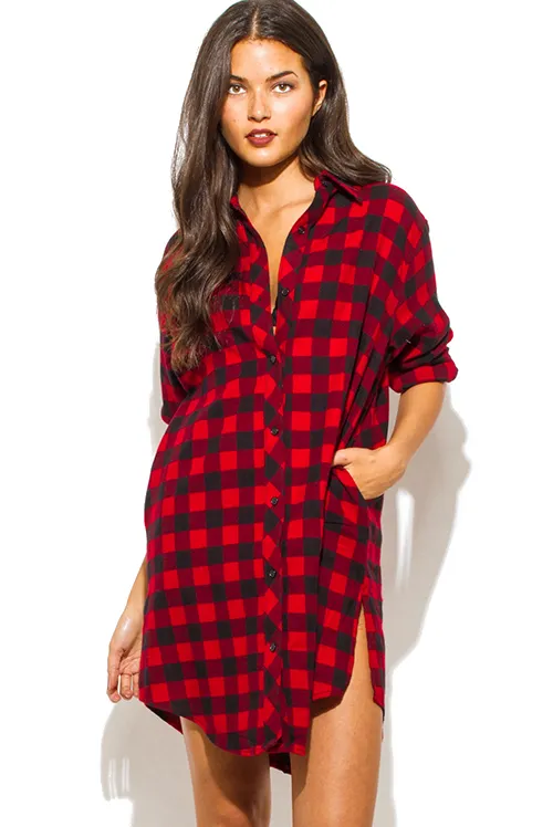 THE MYSTYLEMODE RED AND BLACK POCKETED FLANNEL TUNIC DRESS