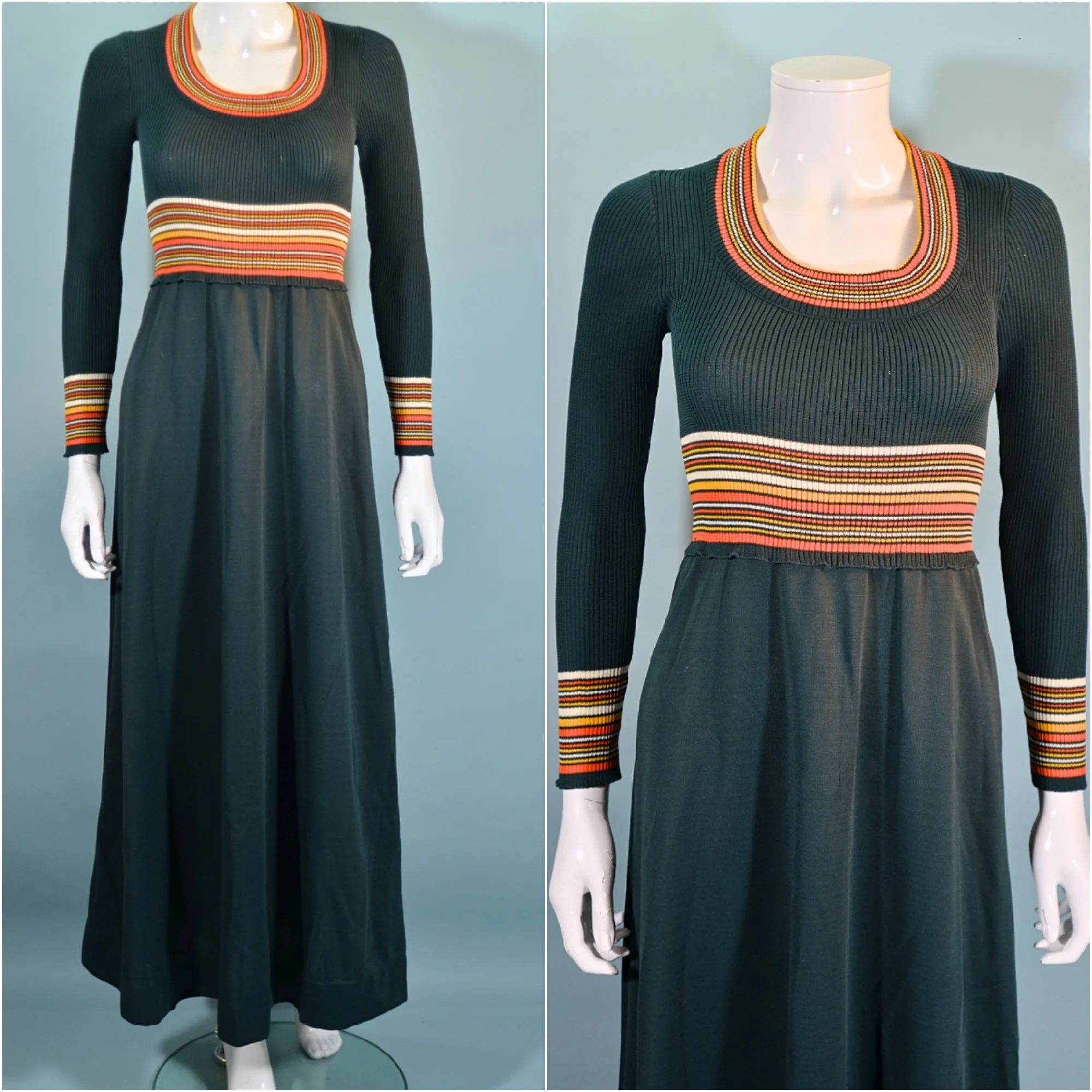 Vintage 1970s Dark Green Knit Maxi Dress, Striped Details XS/S