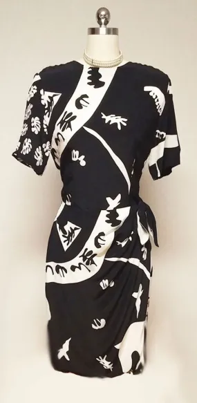 *VINTAGE '80s NORA NOH BLACK & CREAM SILK SARONG DRESS