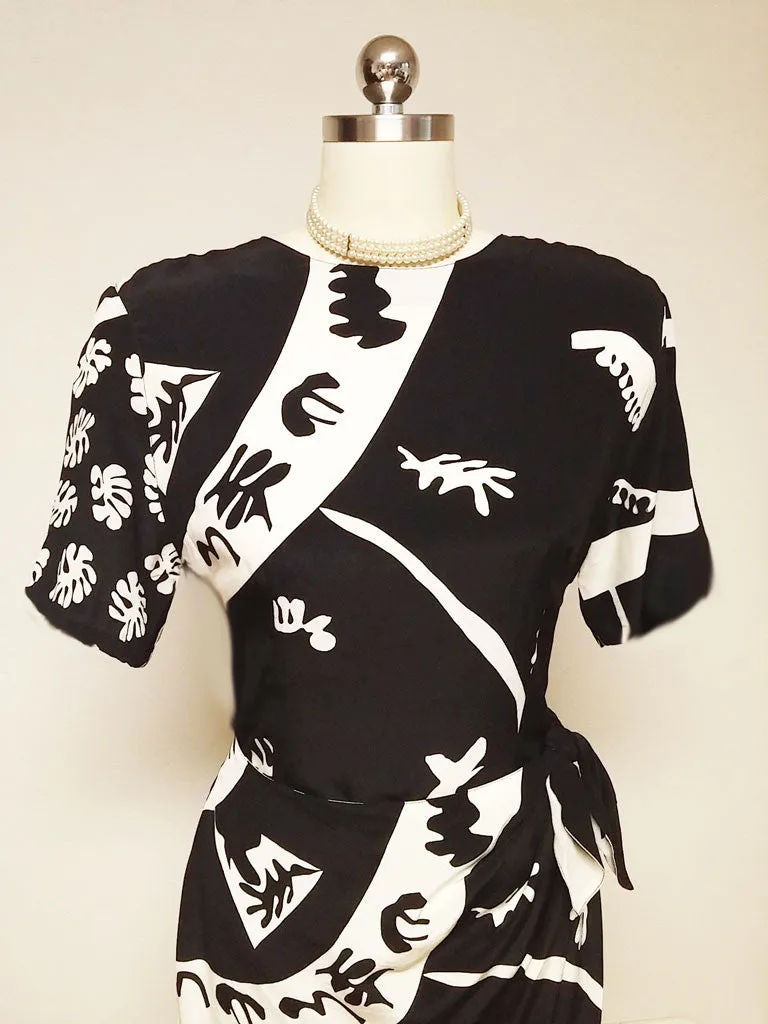 *VINTAGE '80s NORA NOH BLACK & CREAM SILK SARONG DRESS