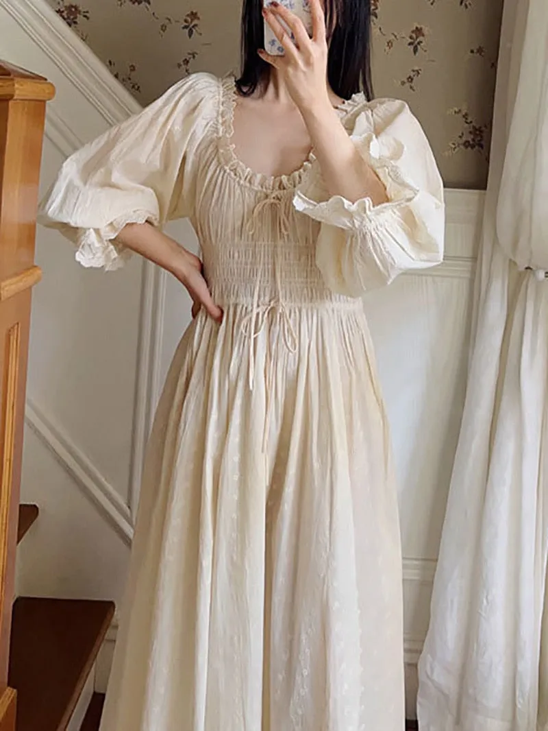 Vintage Cotton Embroidery French U-Neck Ruffles Nightgown, Lace-up Victorian Nightgown