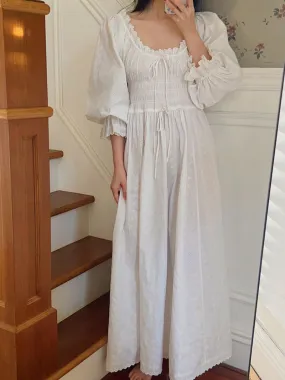 Vintage Cotton Embroidery French U-Neck Ruffles Nightgown, Lace-up Victorian Nightgown