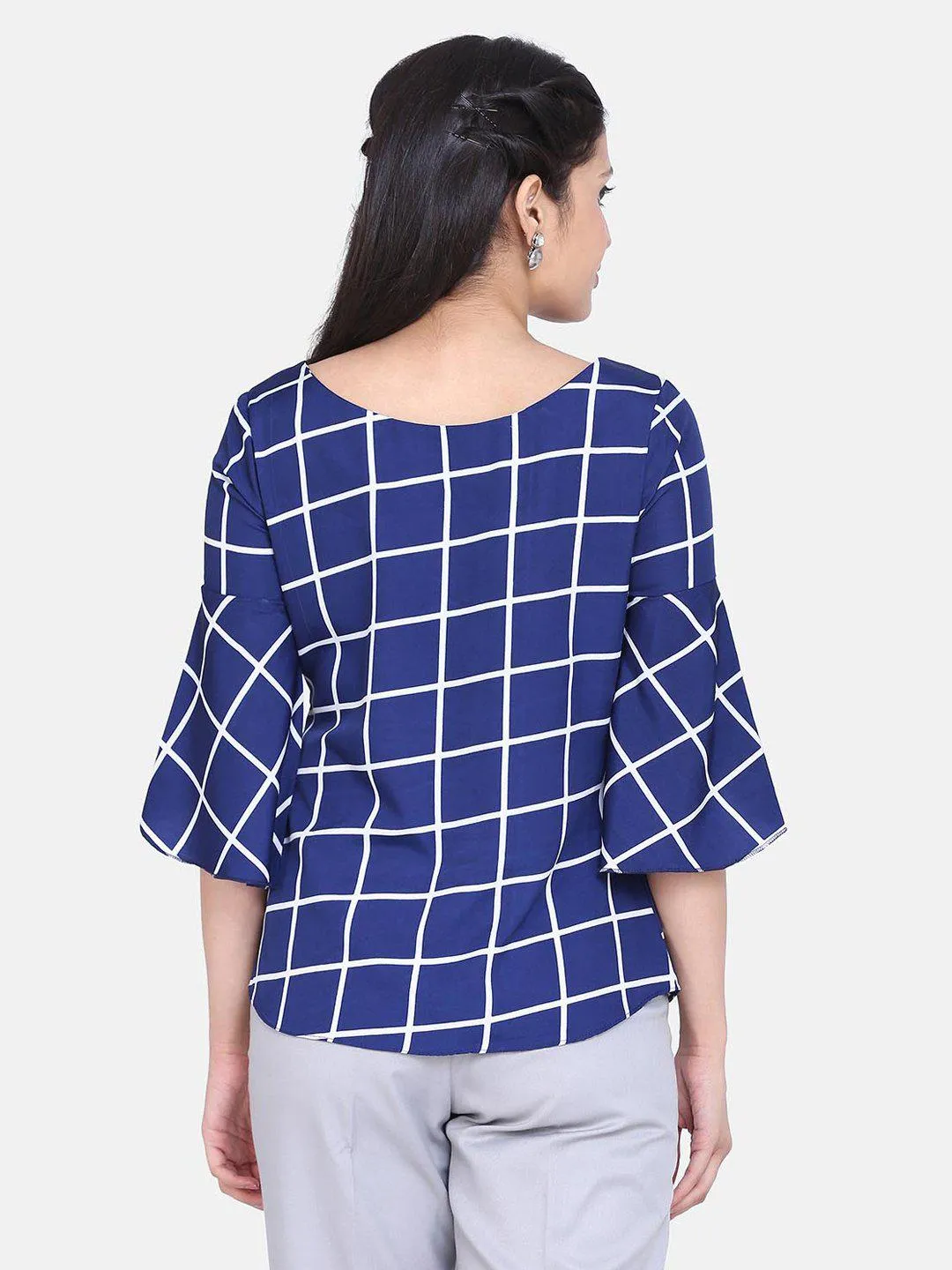 Windowpane Check Crepe Top - Royal Blue