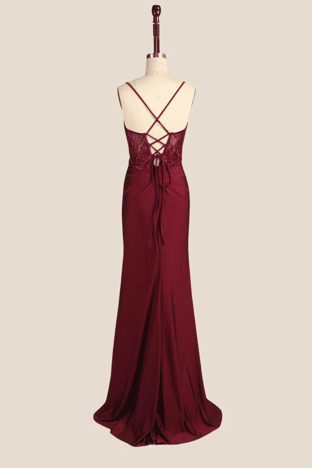 Wine Red Appliques Ruched Long Dress with Slit