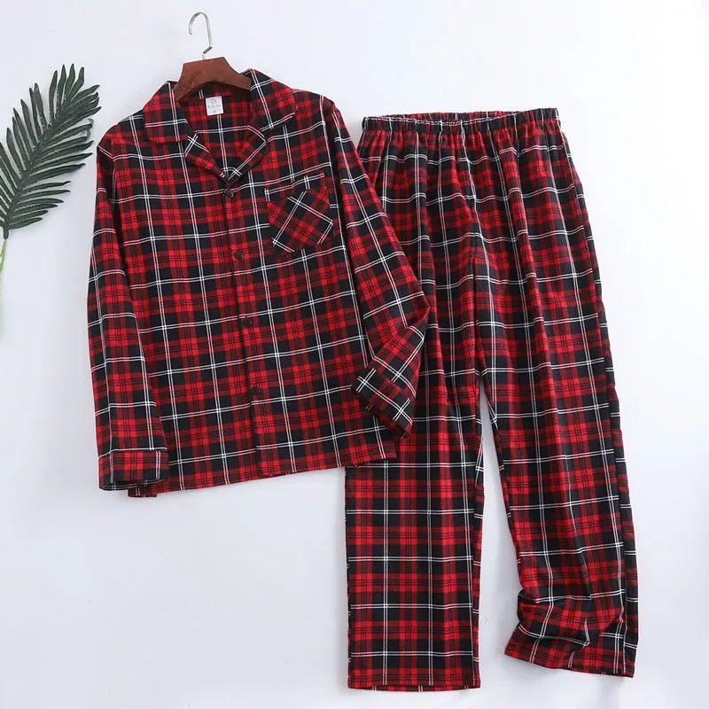 Winter Men's Plaid Flannel Pyjamas 2 Pcs Set