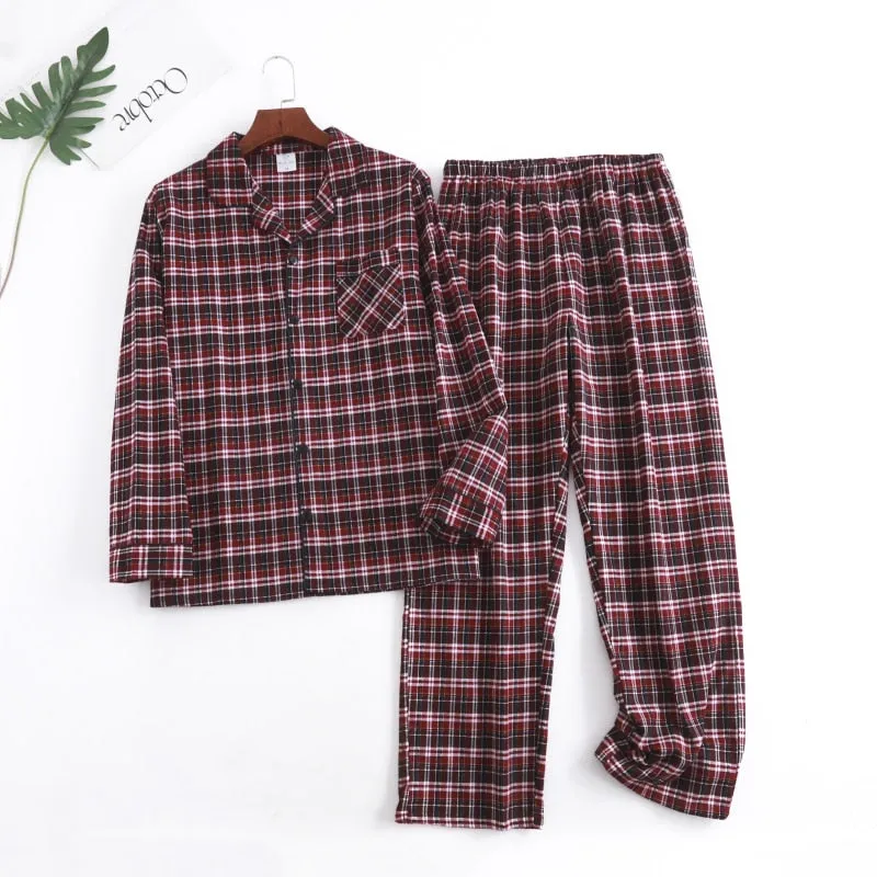 Winter Men's Plaid Flannel Pyjamas 2 Pcs Set