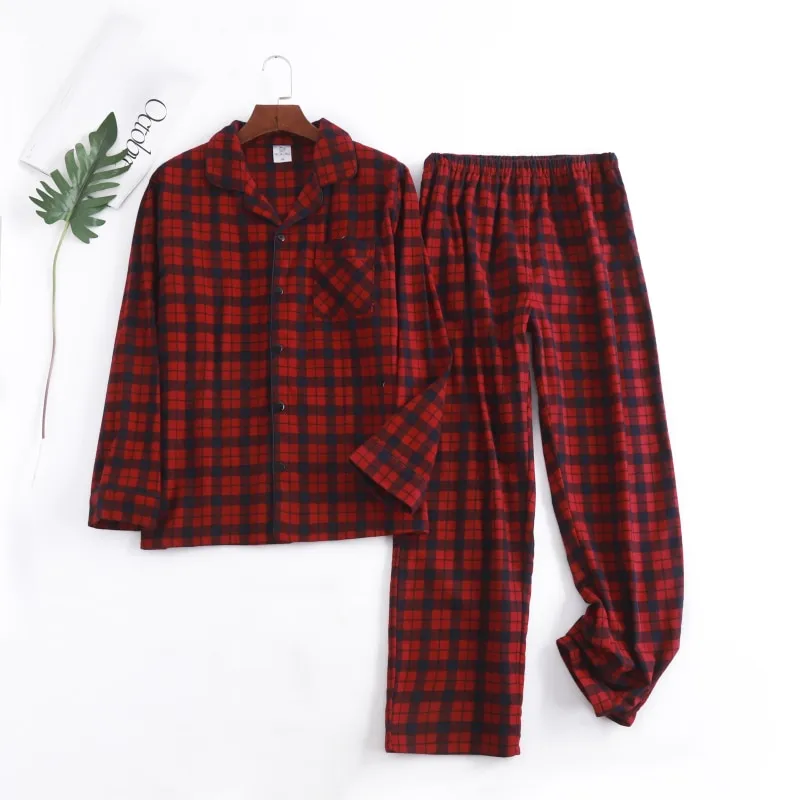 Winter Men's Plaid Flannel Pyjamas 2 Pcs Set