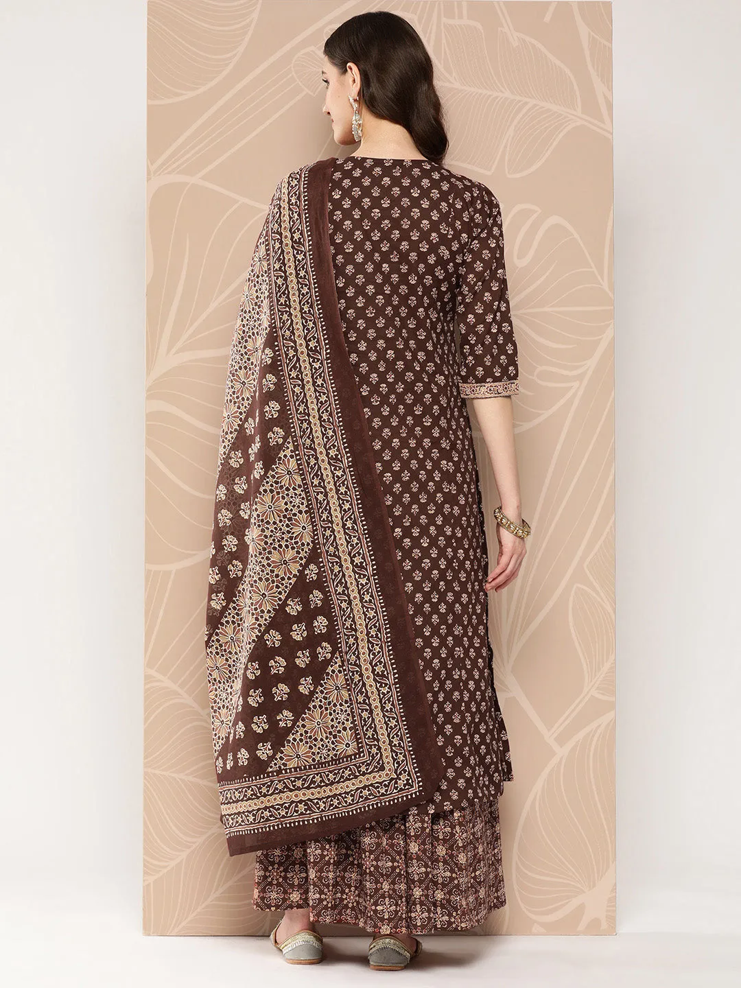 Women Brown Ethnic Printed Straight Kurta With Skirt And Dupatta