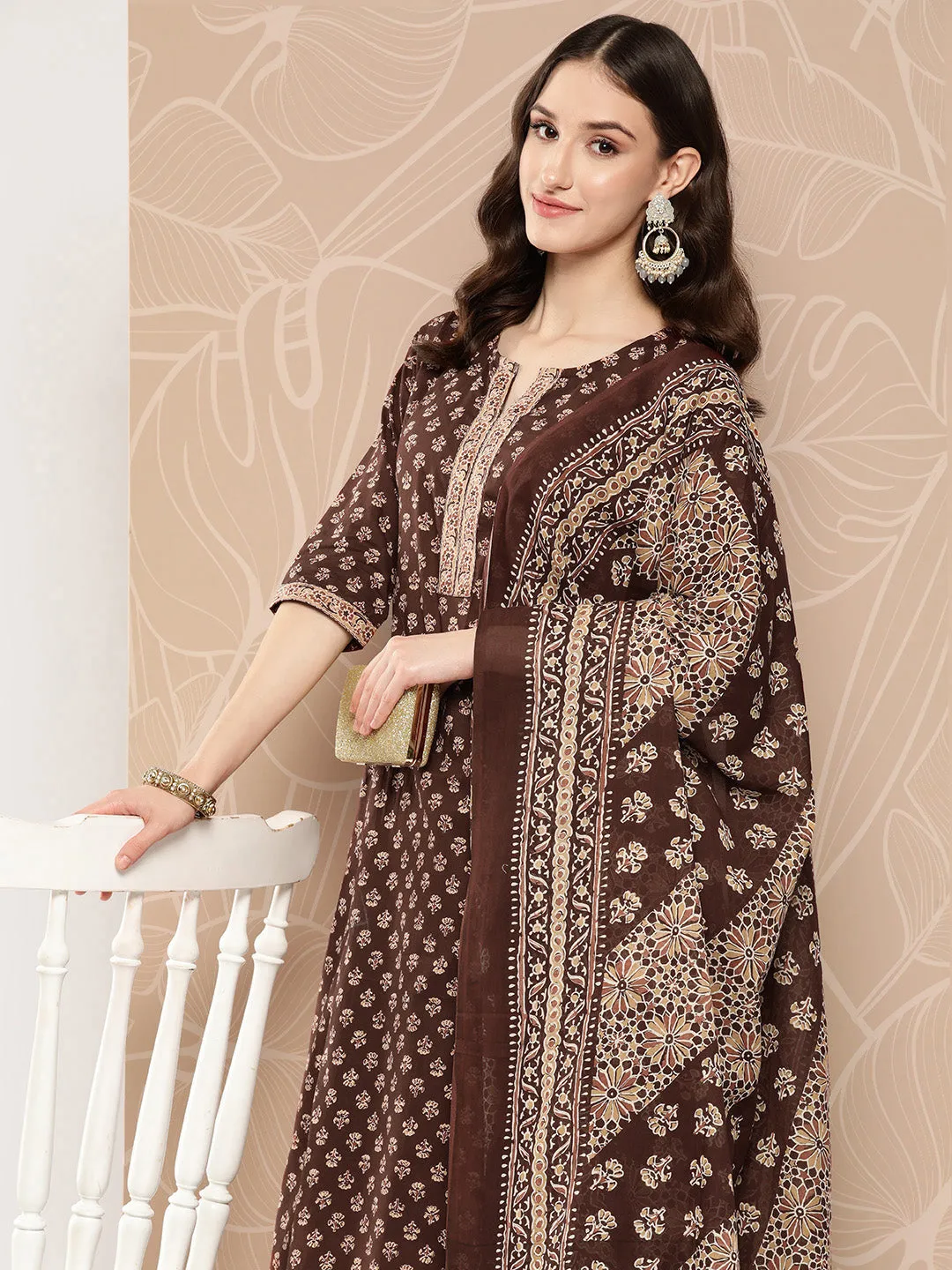 Women Brown Ethnic Printed Straight Kurta With Skirt And Dupatta