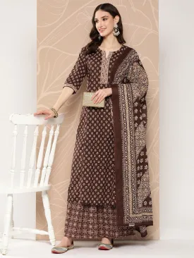 Women Brown Ethnic Printed Straight Kurta With Skirt And Dupatta