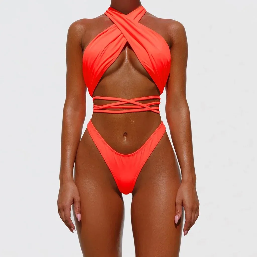 Women swimwear halter sexy bikini set lace up leather swimsuits for women