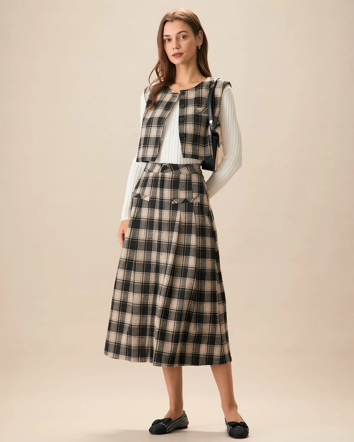 Women's Black Plaid A-line Midi Skirt